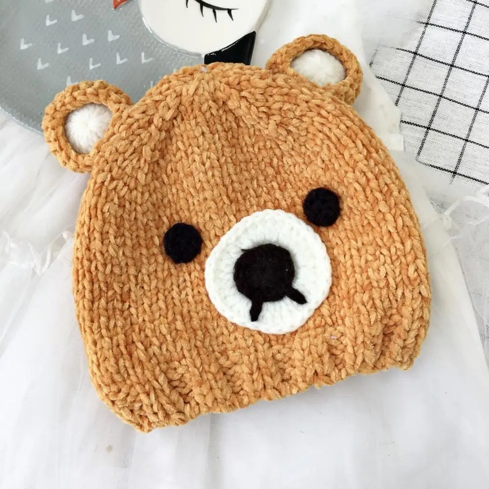 Детские шапочки Skullies Beanies для мальчиков и девочек, зимняя однотонная шапка с ушками медведя из мультфильма, теплые плотные эластичные модные аксессуары