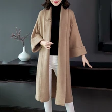 Осень, длинный рукав, вязаный кардиган, женский, модный, с отворотом, кардиган, свободный свитер, однотонный, длинное пальто