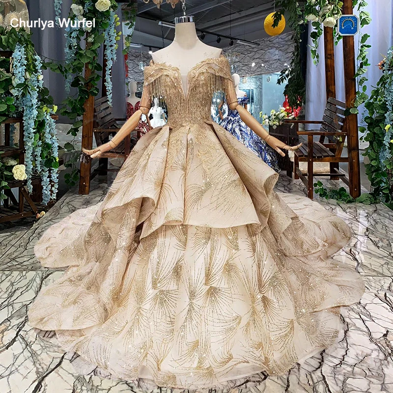 

HTL168 royal evening dresses with golden shiny lace special puffy skirt tassel women occasion dress long train custom size 2019