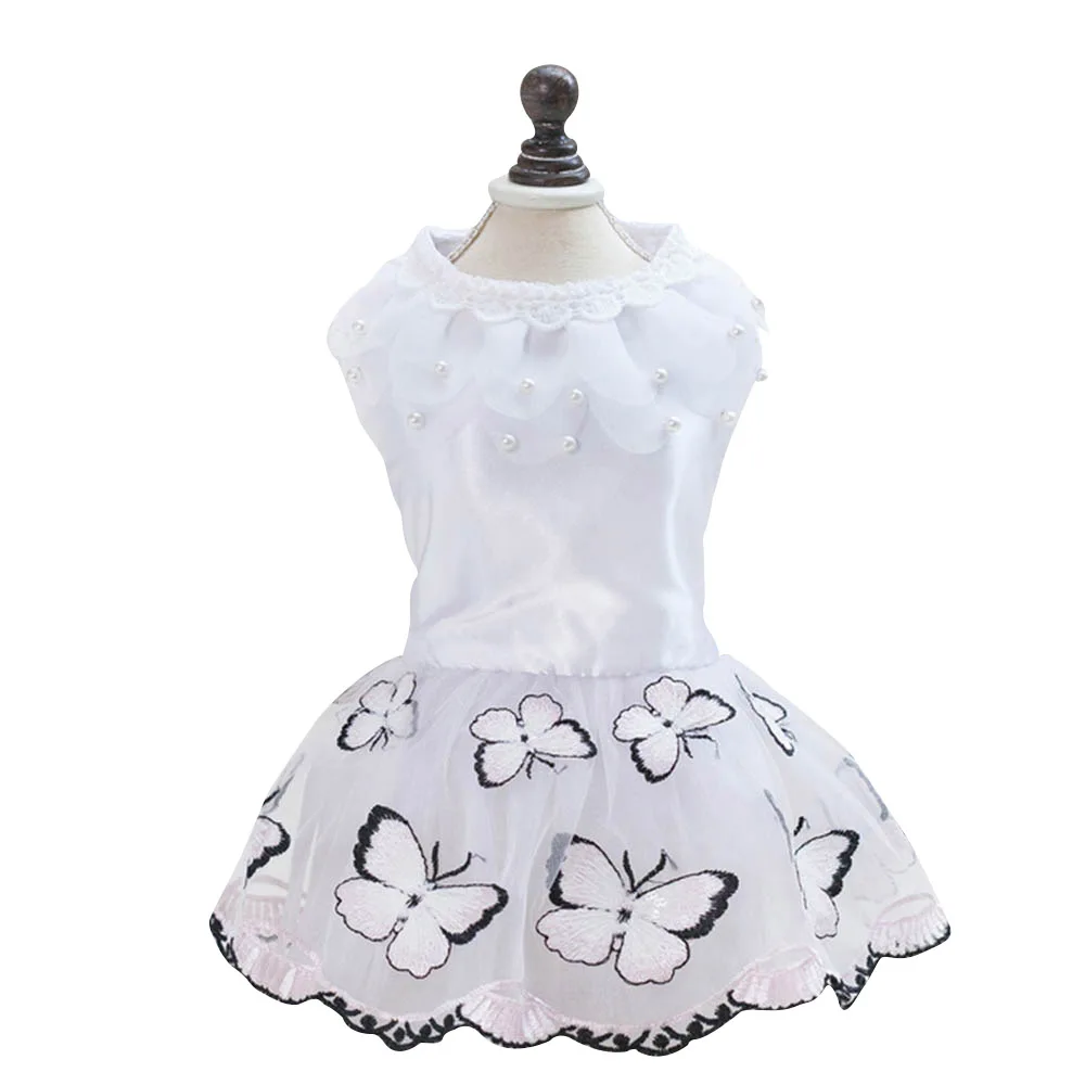 Платье с вышитой бабочкой для собак Сетчатое платье с юбкой Тюлевое праздничное платье принцессы Жемчужное свадебное платье для весны и лета одежда для маленьких домашних животных - Цвет: Розовый