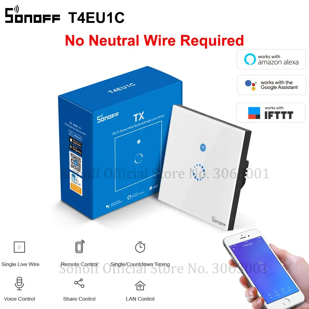 SONOFF T4EU1C Wifi настенный сенсорный выключатель 1 банда ЕС нет нейтрального провода требуется переключатели умный одиночный провод настенный