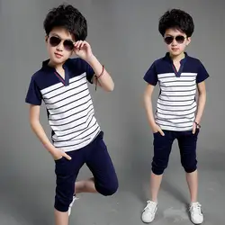 Летний детский комплект одежды для мальчиков модный короткий рукав полосатый принт Топы блузка рубашки + шорты Детская одежда
