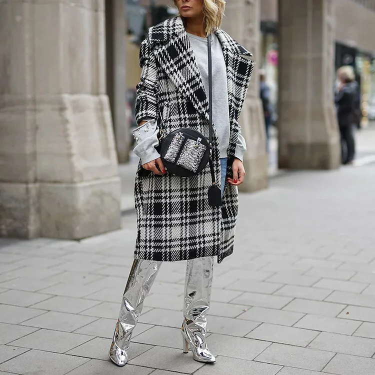 Женское пальто, осенне-зимнее шерстяное клетчатое пальто, новое модное длинное шерстяное пальто, приталенное женское повседневное шерстяное пальто, женская верхняя одежда