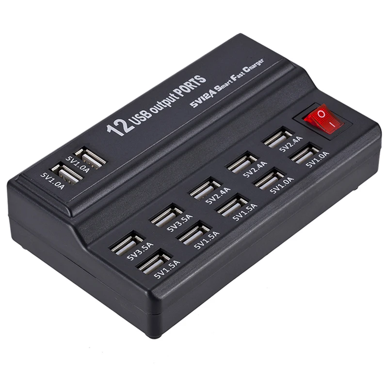 

12 Ports 12A USB Charger US EU UK Plug Wall Desktop Charge Power Adapter with switch For iphone iPad Samsung Huawei Charging