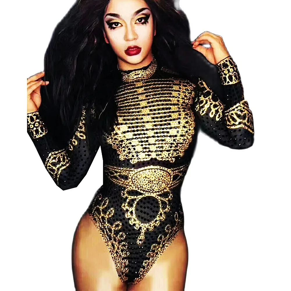 

Shining Diamonds Long Sleeve Women Bodysuits Birthday Celebrate Party Luxury Leotard Nightclub Singer Pole Dance Costume