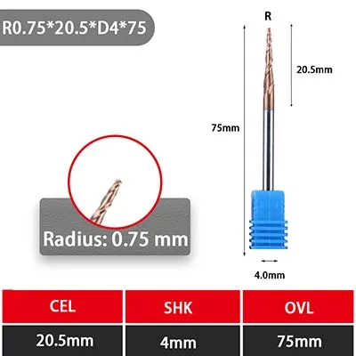 R0.75-20.5l-D4-75L UCHEER 1 шт. 4 мм 6 мм со скошенным шариковым наконечником Концевая мельница Вольфрам прочные, покрытые карбоном конус cnc фрезерные деревообрабатывающие станки Гравировальный Бит - Длина режущей кромки: R0.75-20.5l-D4-75L