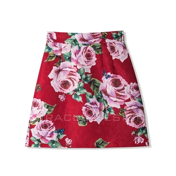 

New European 2018 spring gorgeous roses printed on dark jacquard weaving fabrics of tall waist A pendulum skirts