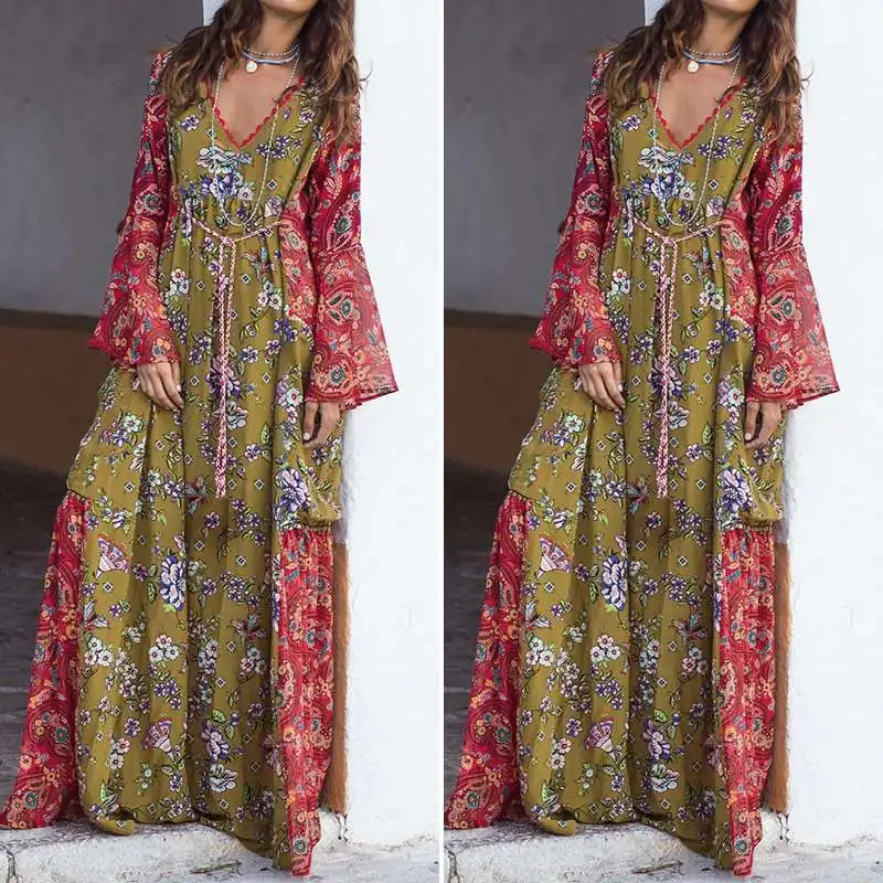 VONDA Plus Size Women Bohemian Maxi Dress Casual Sexy V Neck High Waist Long Sleeve Bohemian Holiday Long Party Vestido 5XL