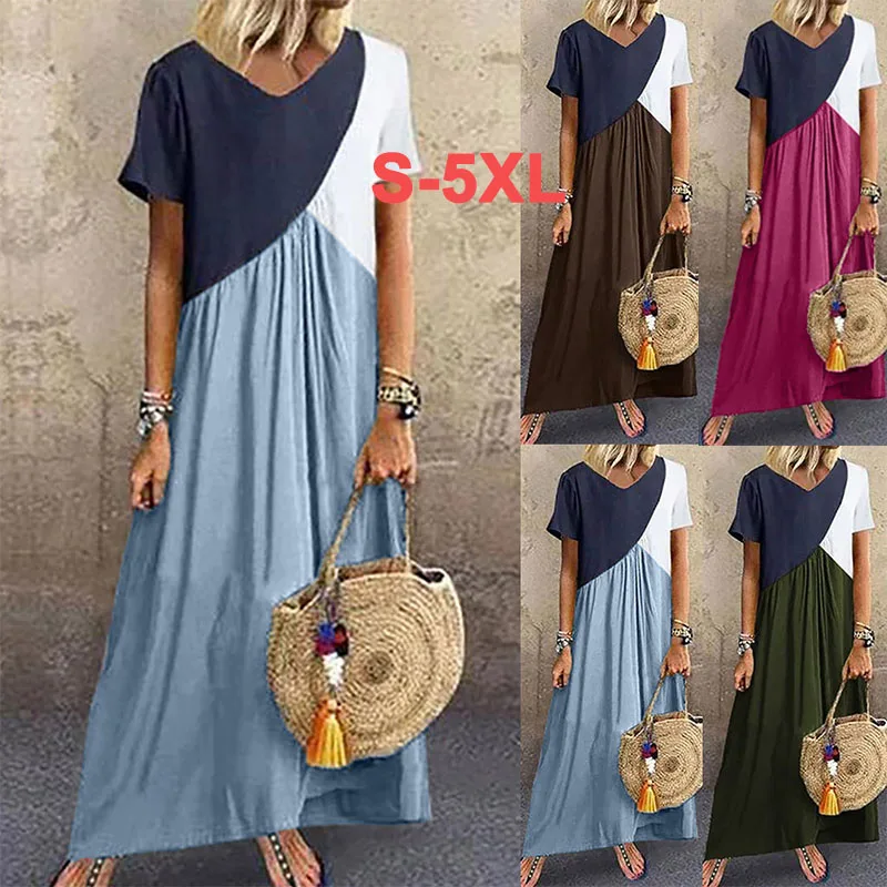 

Women Large Size Cut Sew Long Dresses Fashion Loose Color Block Contrast Casual A-Line Irregular Dress For Ladies Summer S-5XL