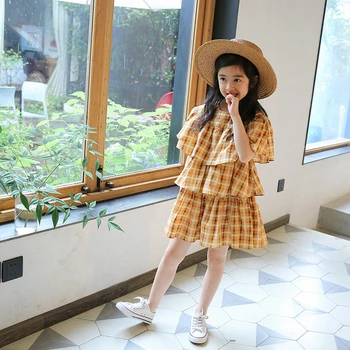 

Girls 2020 Summer Casual Plaid Print Dress Children Clothing Princess Kids Short Sleeve Cotton Dress