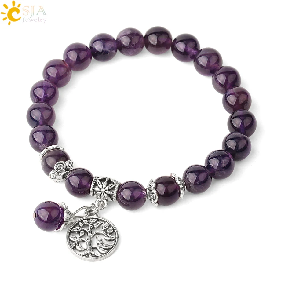 

CSJA Natural Stone Strand Bracelets Single Color Crystal Beaded Tree of Life Charms Bracelet Healing Energy Female Jewelry G422