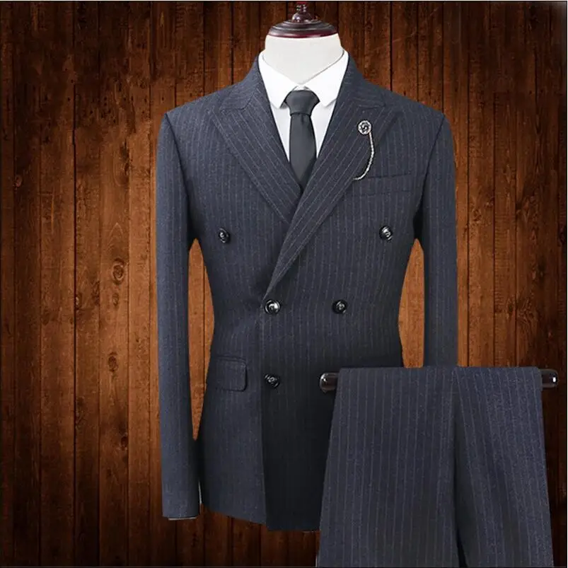 

New Brand Fashion Men Suits Blazer Black Stripes Double Breasted Slim Formal Male Tuxedo Prom Groom Wedding Business Suit 3Piece