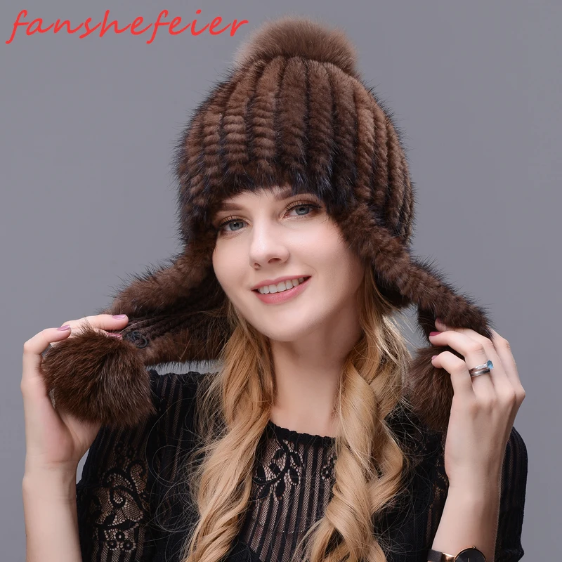 

Real Natural Mink Fur Cap Double Closely Woven Long Ear Fur Hat For Women Winter Cap Three Fox Fur Pom Poms Thick And Warmth Cap