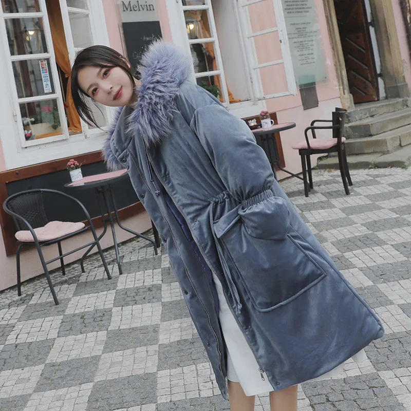 

Cash Winter New Style Korean-style Harajuku Large Fur Collar Waist Hugging Mid-length over-the-Knee Velvet Thick Women Coat Fash