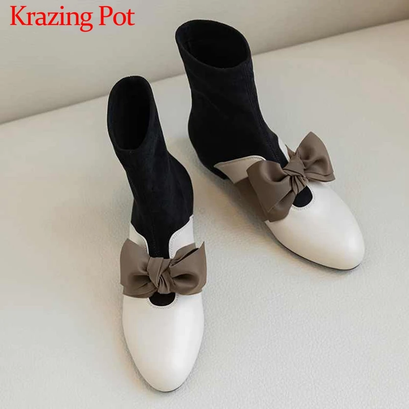 Krazing Pot/Винтажные смешанные цвета, с бантом, из коровьей кожи, из флока, с круглым носком, на низком каблуке, зимние теплые модные женские сапоги до середины икры, L57