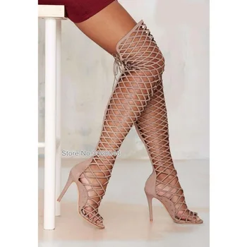 

Newest Arrival Summer Boots Fashionable Rhombus Cut-Outs Over-The-Knee Sandal Boots Lace Up Woman Boots Thin Heel Long Boots