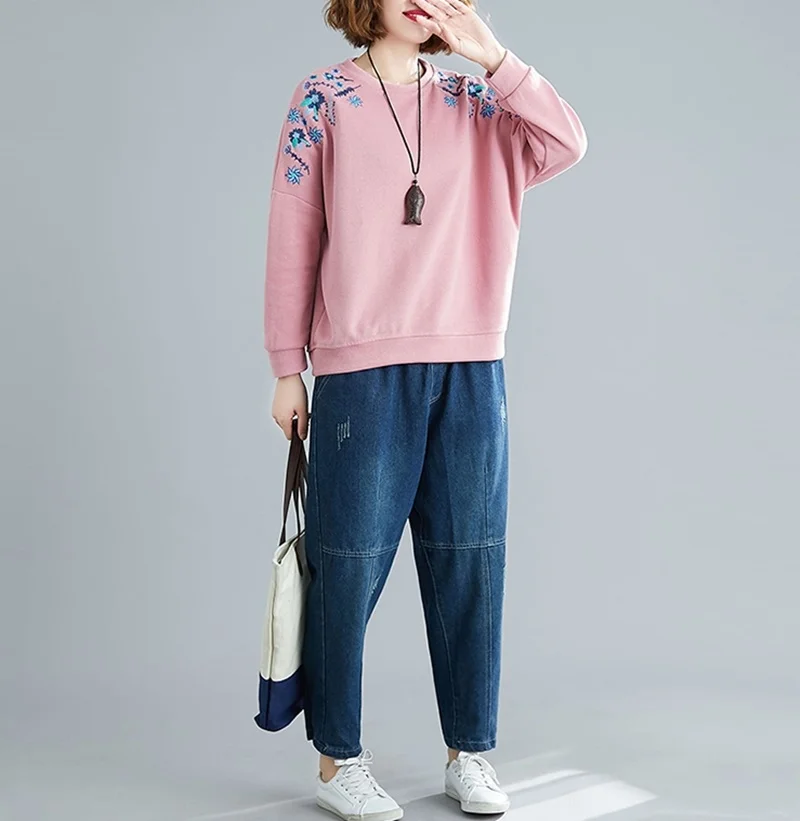 Autumn New Chinese Style Thickened Pullover Sweater Embroidery Cotton Loose Casual Tops Casual High Quality Warm Winter TA2167