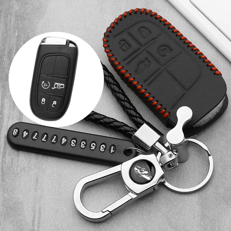 

leather Car Key Cover Case Key Chain Key Chain Protector For Jeep Grand Cherokee Chrysler 300C Renegade Fiat Freemont 2018