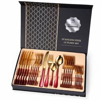 

2020 Tableware Stainless Steel Cutlery Set 24 Piece Dinner Set White and Gold Cutlery Forks Knives Spoons Gold Dinnerware Set