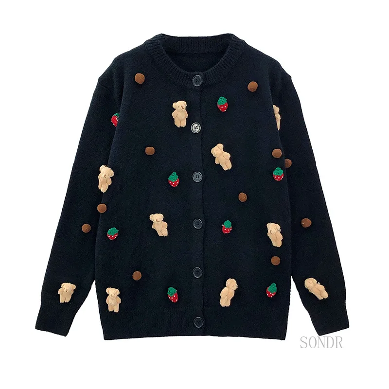 cardigan-mignon-avec-crochet-3d-en-forme-d'ours-fraise-pour-femme-pull-over-noir-veste-tricotee-automne-hiver-2021