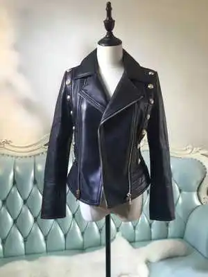 

real genuine sheep leather moter jacket short coat 2020 fashion uniform with gold button