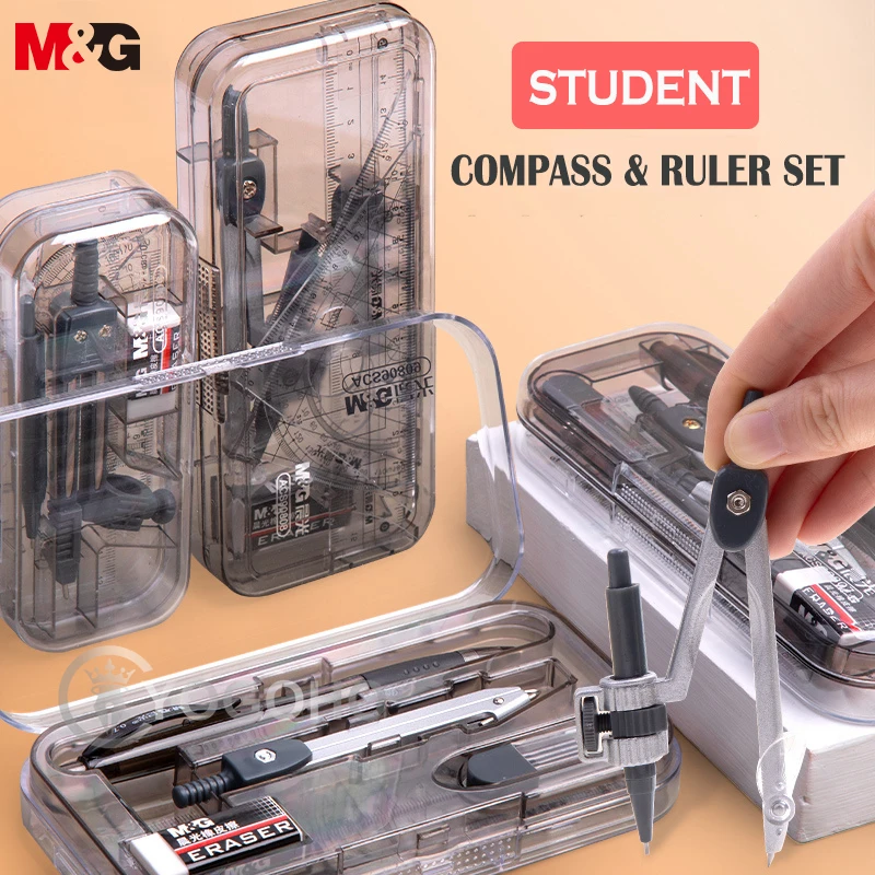M&G Math Set Protractor Drawing Triangle Eraser Pencil Compasses Box Math Ruler 7-8 Pcs/set for Students School Supplies