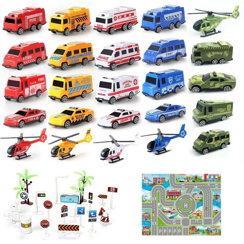 

Car Toys For Children Helicopter Traffic Sign Map Plastic Vehicle Fire Truck Taxi Model Set Game Kids New Year Christmas Gift