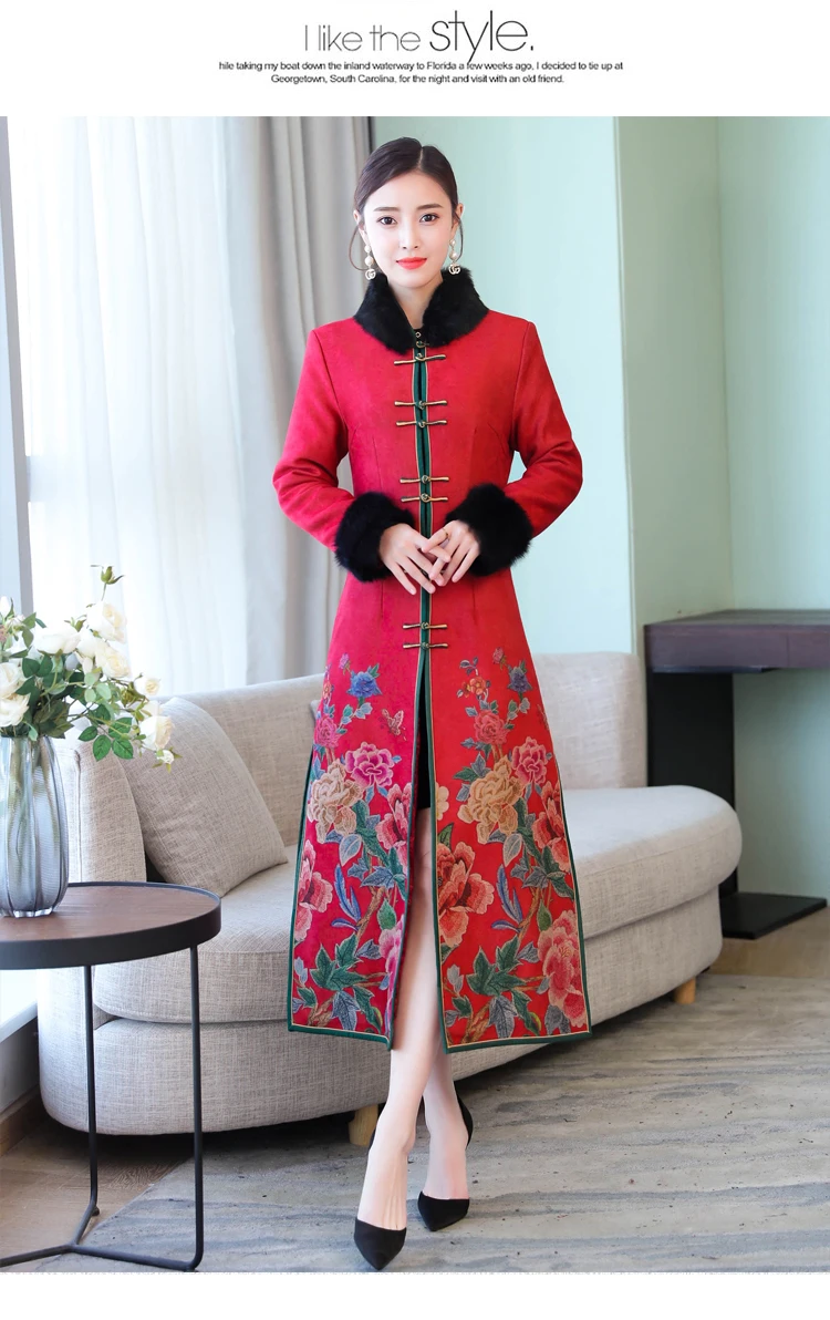 Китайское традиционное женское платье Чонсам с длинным рукавом Qipao толстый хлопковый меховой воротник мать среднего возраста зимнее пальто чонсам