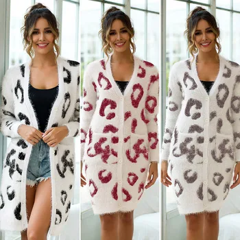 

Womens Long Sleeve Cardigan Sweater Leopard Button Casual Loose Sweater NFE99