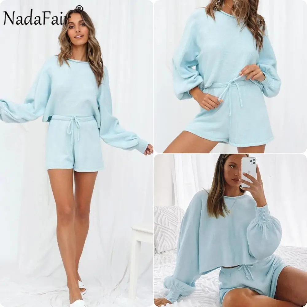 Nadafair/топы с длинными рукавами и мини шорты комплект из двух предметов женские