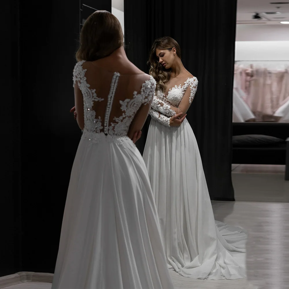 ADLN Прозрачные Свадебные платья с длинными рукавами Vestidos De Novia Совок бисер блесток аппликация свадебные платья из шифона
