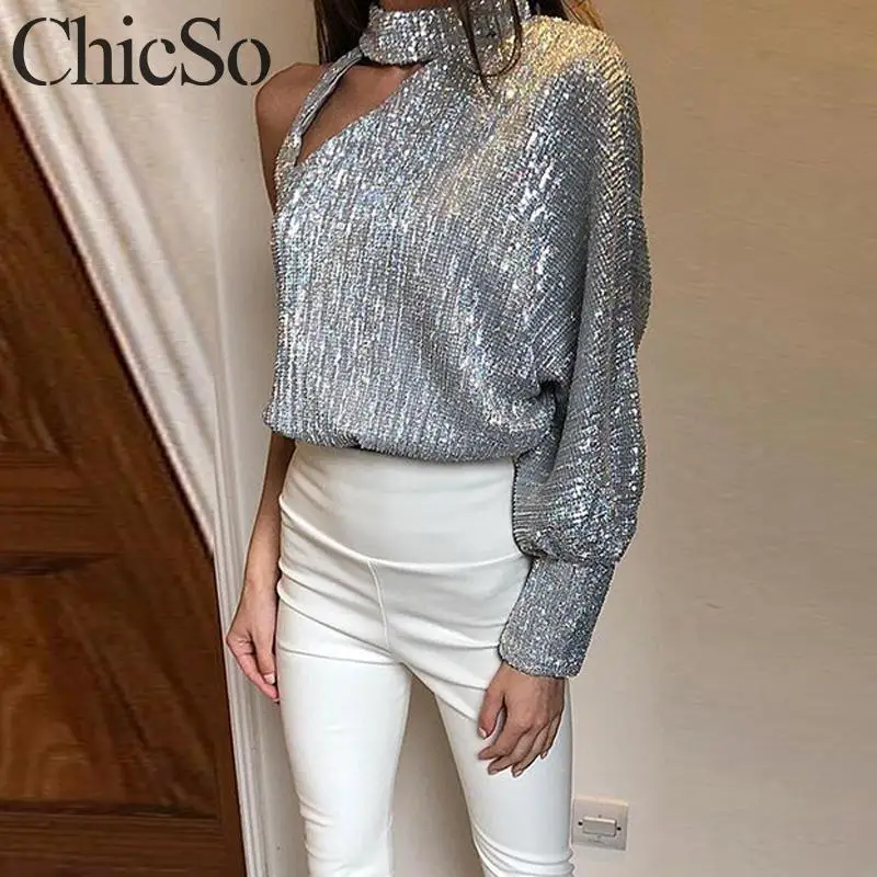 MissyChilli, водолазка, блестящая Элегантная блузка для женщин, длинный рукав-фонарик, открытая блузка, Осень-зима, сексуальная женская рубашка, Топ