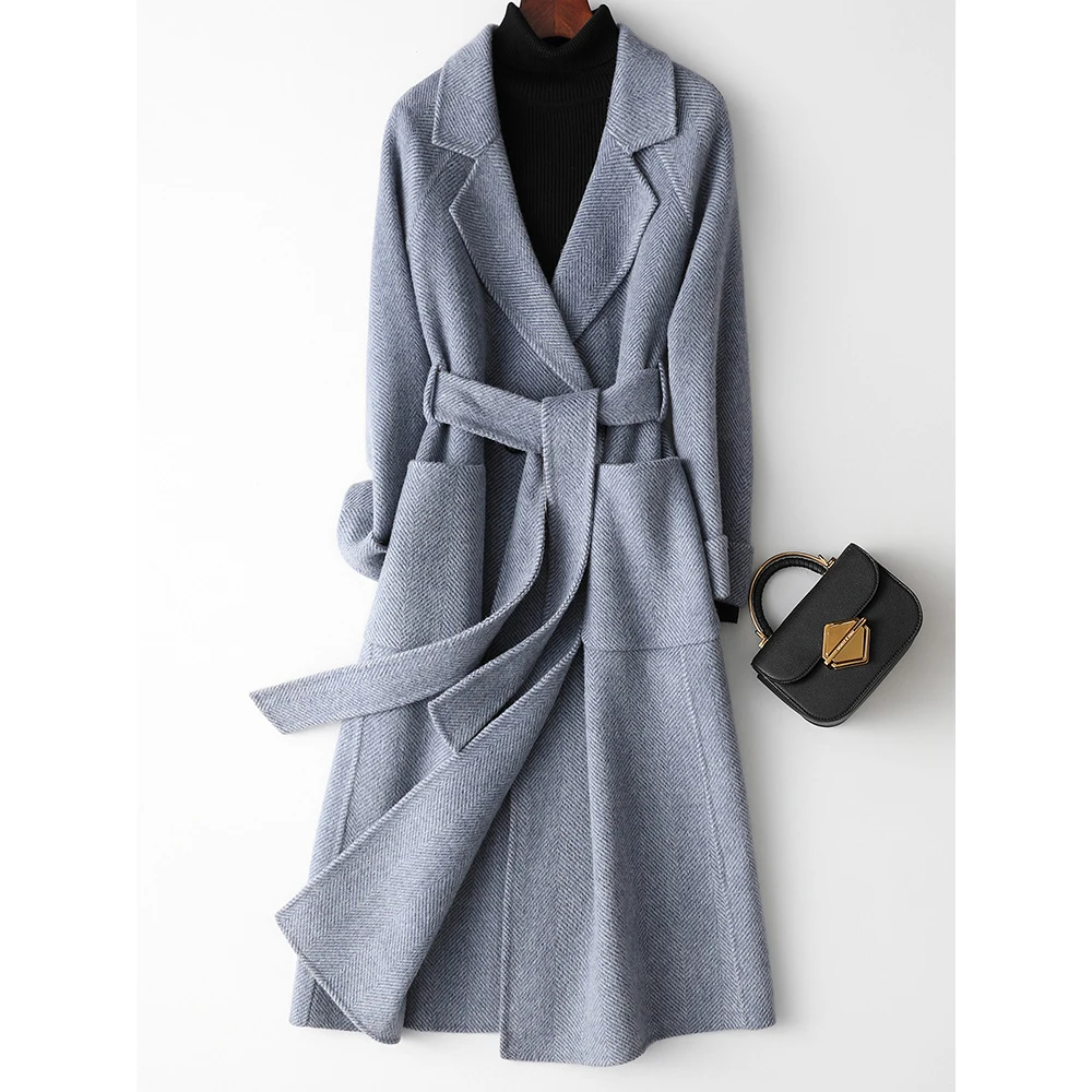 Женское элегантное шерстяное пальто с отложным воротником, женское длинное шерстяное пальто темно-серого цвета, зимнее теплое пальто Casaco Feminino - Цвет: Синий