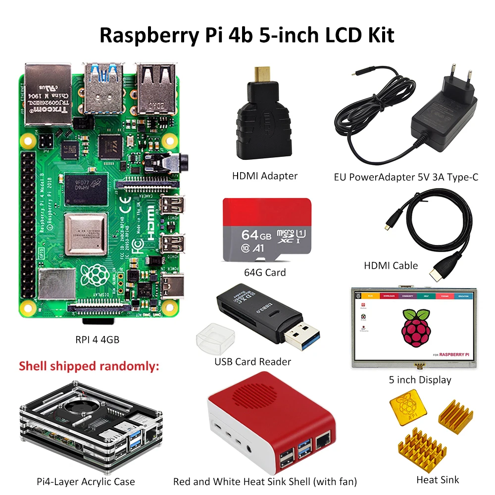 Raspberry Pi 4 модель B комплект с 5 дюймовым дисплеем PI 4B 2 гб/4 гб: плата + теплоотвод