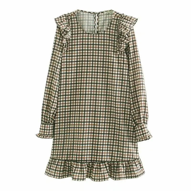 Женское платье с оборками клетчатое мини длинным рукавом и круглым вырезом