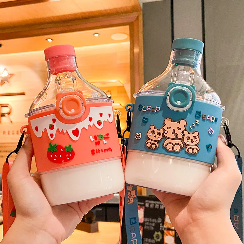 

350 ML Cute Kids Flat Spray Water Bottle With Straw Portable Strap Kindergarten School Leak Proof Sippy Cup BPA Free Kettle