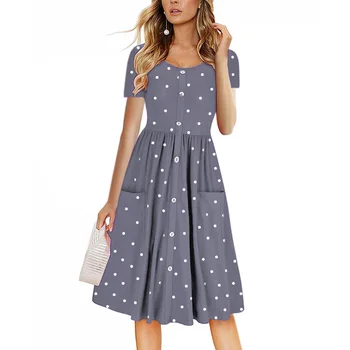 

knee Dress High Waist Women's Dot Dress 2020 Round Neck Button Waist Pocket Print Short-sleeved Large Size Dress Cloth Woman