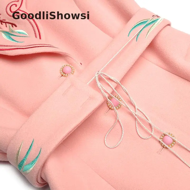 GoodliShowsi, Зимние Модные женские розовые шерстяные пальто, съемный плащ с вышивкой, пальто с ремнем, однобортное пальто