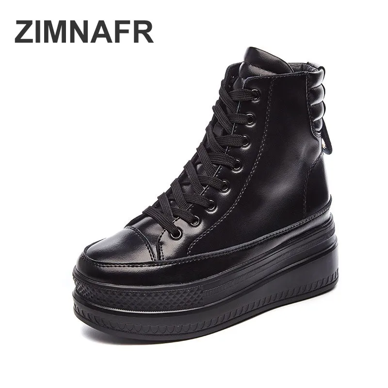 

2020 New Sping Genuine Leather Platform Shoes 8 Centimeter Hight-top Casual Shoes Lace-up Women Ankel Boots