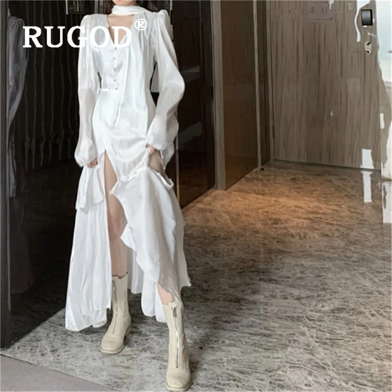 Женское вечернее платье RUGOD белое элегантное с лентами и шарфом на осень зиму