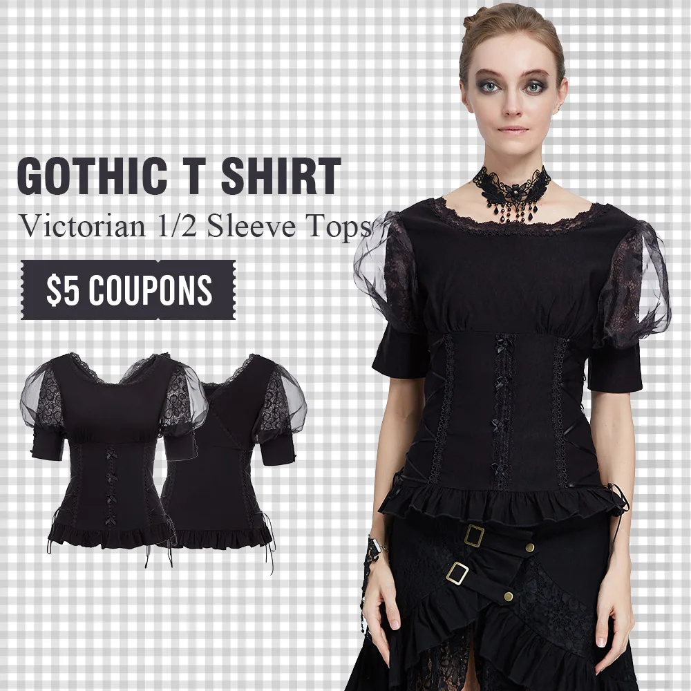 

Belle Poque Women's Retro shirt Vintage Gothic T Shirt Victorian 1/2 Sleeve V-Back Corset-Style elegant summer ladies slim Tops
