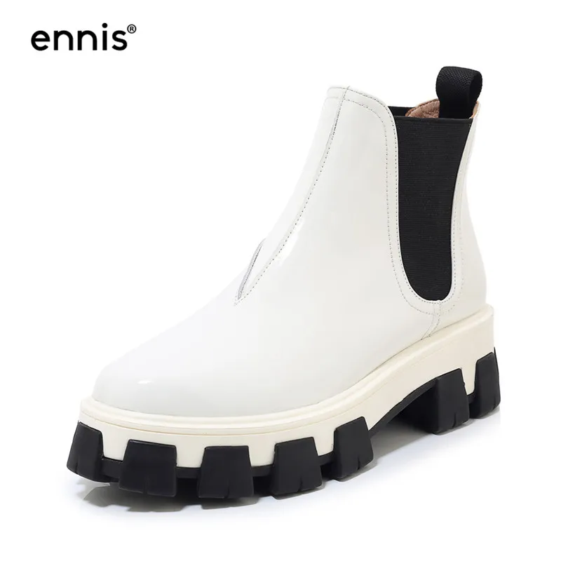 ENNIS/брендовые красные ботинки на платформе женские ботинки Новая модная женская обувь из лакированной кожи без шнуровки ботинки на толстой подошве осенние черные A9182 - Цвет: White