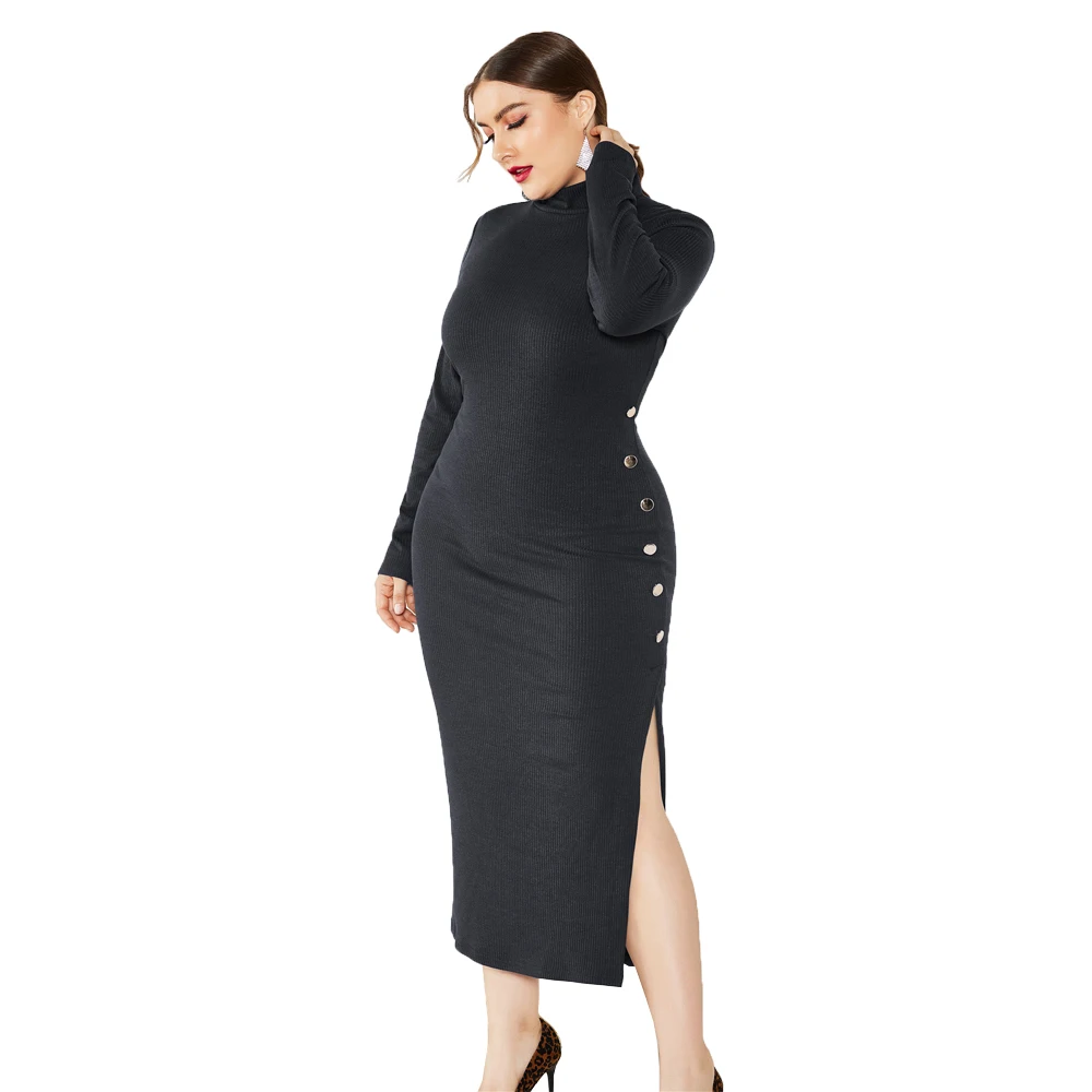 Elegant Knitted Women's Split Dress Winter Side Buttons Party Pencil
