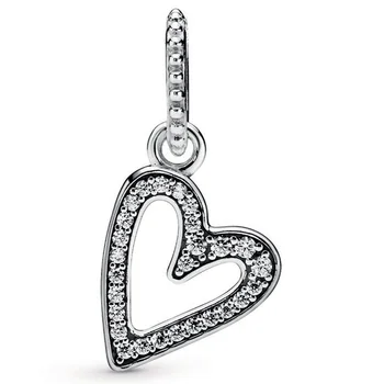 

New 925 Sterling Silver Bead Charm Sparkling Freehand Heart With Crystal Necklace Pendant Fit Bracelet DIY Jewelry