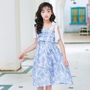 

Black Blue Printed Summer Dresses For Baby Big Girls Cotton Long Dress Clothing Kids Sleeveless Princess Dresses Clothes 6 8 10Y