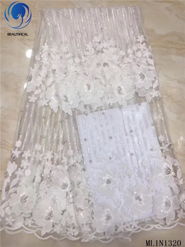

Beautifical african lace fabrics white net lace sequins with embroidery beads Top sale nigerian lace bridal fabric ML1N1320
