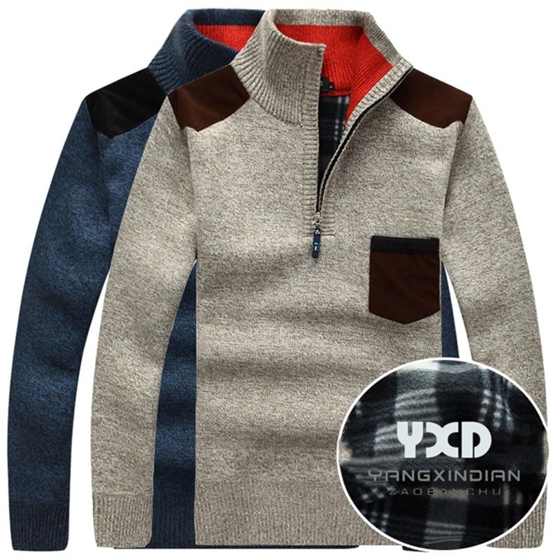 

Men Clothes Knitted Sweater Men Cardigans Collar Winter Plus velvet thick Business Casual Male Half Zip Patchwork Sweaters Coat