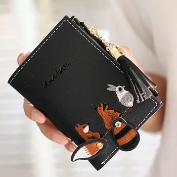 

Women Coin wallet Fox Cat embroidery thread Short Wallet Tassel zipper Coin Purse Card Holders Handbag Package кошелёк #20