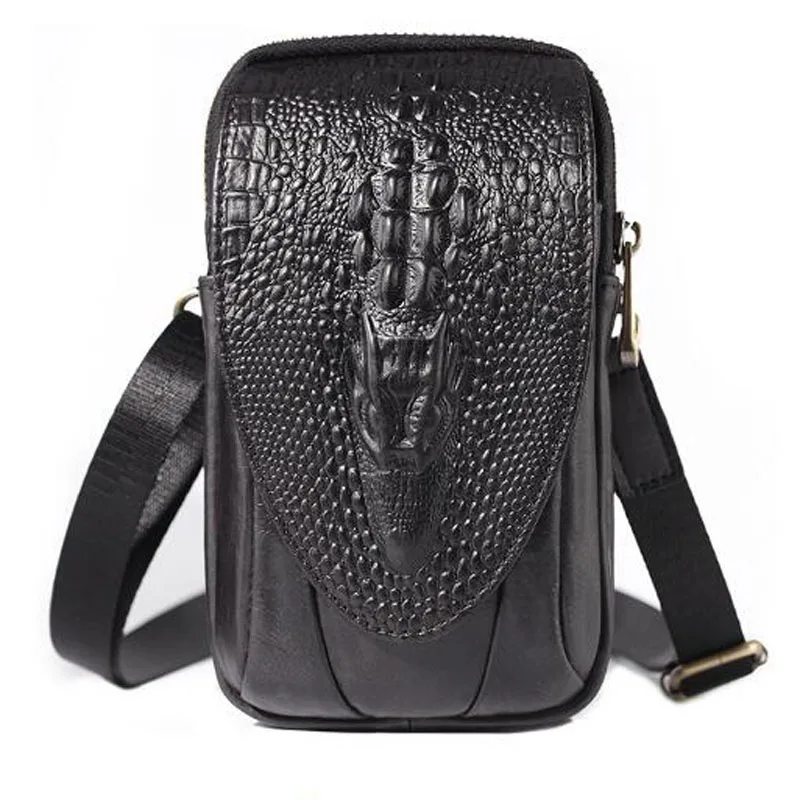 Men Leather Crocodile Grain Waist Bag small Shoulder Bags Purse Hip Bum Cell Phone Case Hook Belt Fanny Cross Body Pack - Цвет: Black