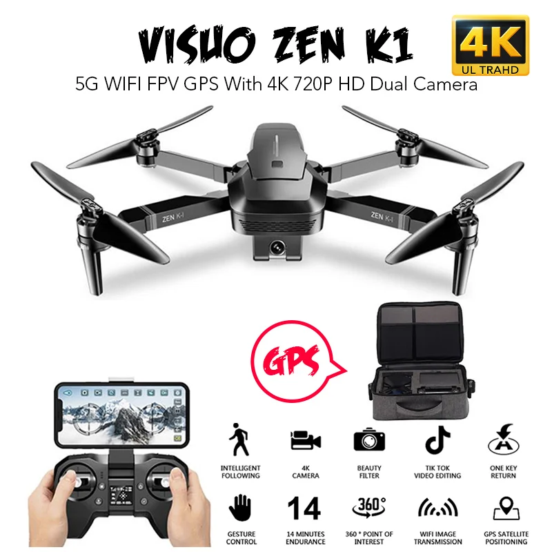 Квадрокоптер VISUO ZEN K1 Радиоуправляемый складной с Wi Fi FPV GPS 4K 720P HD двойная камера 30